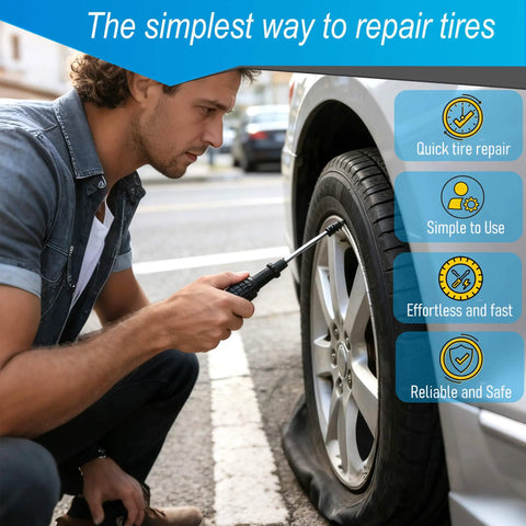Man using Sixty Piece Heavy Duty Tubeless Tire Repair Kit With Slick Rubber Nails And Quick Cure Glue For Instant Puncture Fix.
