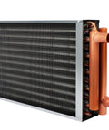 Side view of heavy duty water to air heat exchanger with 1 inch copper ports, durable 306 steel case, for forced air heating