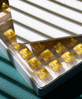 Creamy Yellow V5 Linear Keyboard Switches with LED Diffuser in a plastic tray, showcasing 5Pin, 50gf lubed design for gaming keyboards.