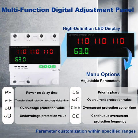 63A 110/120V Triple Power Automatic Transfer Switch For Seamless Backup Power Switching Between Utility Power, Generator, And Inverter With Overcurrent, Overvoltage, And Undervoltage Protection, front panel