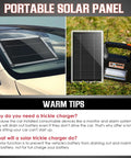 12V Solar Battery Charger Maintainer for Cars, Boats, Motorcycles and RVs, waterproof panel on car hood and portable unit setup, 2.5W.