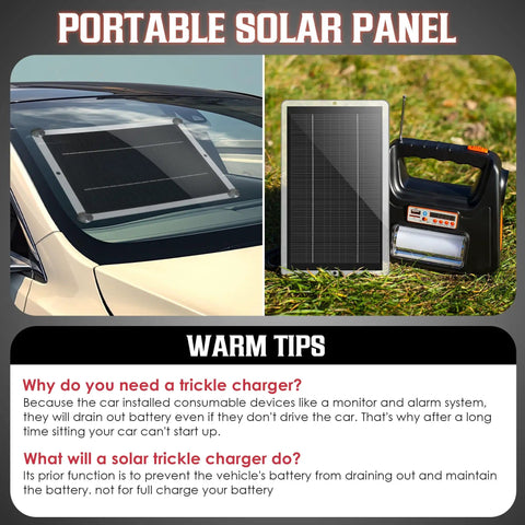 12V Solar Battery Charger Maintainer for Cars, Boats, Motorcycles and RVs, waterproof panel on car hood and portable unit setup, 2.5W.