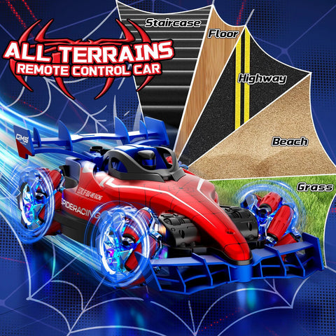 Remote control monster truck, red body with blue wheels, 1:12 scale, front view