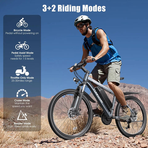 Man riding Beast Mode 1000W Peak Electric Mountain Bike for Adults with 26 inch wheels on rocky terrain, showcasing 3+2 riding modes.