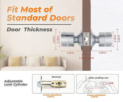 Diagram showing dimensions of Keyless Electronic Entry Door Knob With Keypad for standard door installation, adjustable lock cylinder.