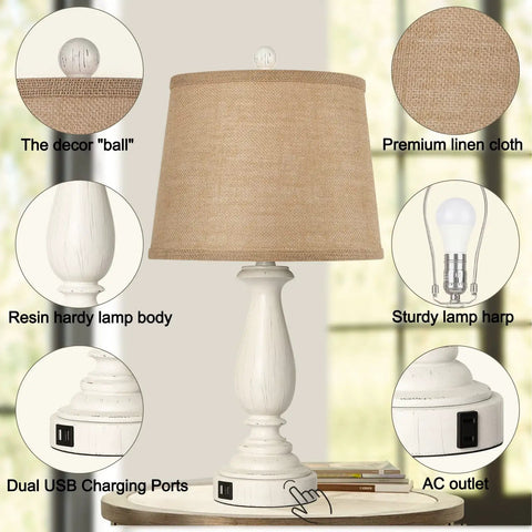 Three Way Dimmable Touch Lamps For Bedrooms Set Of 2 With USB Ports And AC Outlet Rustic Resin Nightstand Lamps With Drum Shade