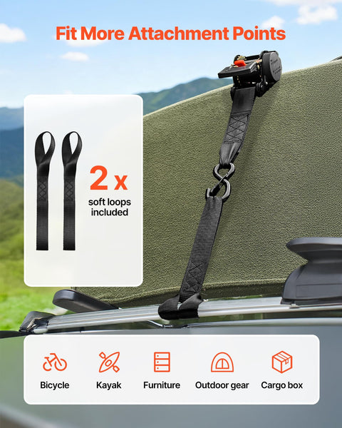Two Pack Retractable Ratchet Straps 2 Inch By 10 Foot Tie Down Straps With S Hooks And Soft Loops attached to vehicle roof rack
