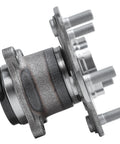 Side view of rear wheel bearing and hub assembly for Nissan Sentra 2013-2019, 5 lug ABS compatible FWD, with 4 bolt square flange.