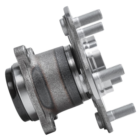 Side view of rear wheel bearing and hub assembly for Nissan Sentra 2013-2019, 5 lug ABS compatible FWD, with 4 bolt square flange.
