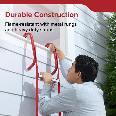 Man using Emergency Home Fire Escape Ladder Rope 3 Story Extendable To 25 Feet Must Have No Fuss Window Mount Flame Resistant