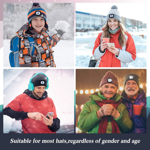 People wearing LED USB Rechargeable Beanie Light Kit 4 Pack With Rubber Pieces For Hat Illumination in snowy settings