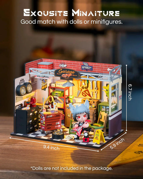 DIY Miniature House Kit Garage Workshop With LED Lights, 1:20 scale, vibrant garage scene with tools and decor