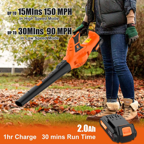 Person using 21V Cordless Leaf Blower, Ultra Lightweight Handheld with 2.0Ah Battery, adjustable speeds, for yard cleanup