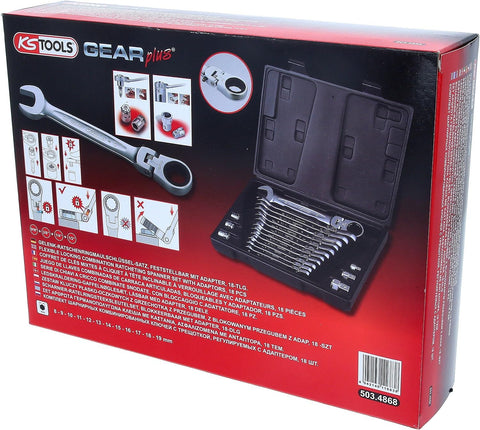 GearPlus 18 Piece Ratcheting Spanner Set With 180 Degree Swivel Head 72 Tooth Gear System packaging box