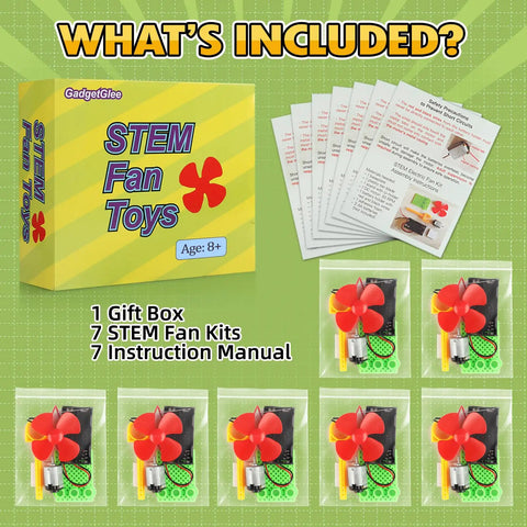 Bulk Electric Circuit Kit Set for Kids Classroom Use, 7 individual fan project bundles, instruction manuals, age 8+ box view.