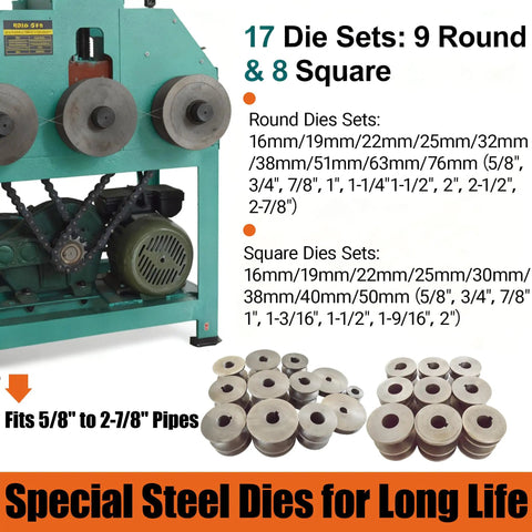 110V Electric Pipe Bender Machine For Round And Square Steel Tubing 2HP Metal Rolling Tool With 17 Dies showing die sets for round and square tubing.