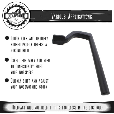 8 Inch Bench Holdfast Clamps for Woodworking, Heavy Duty Hold Downs display with features and benefits for woodwork fastening