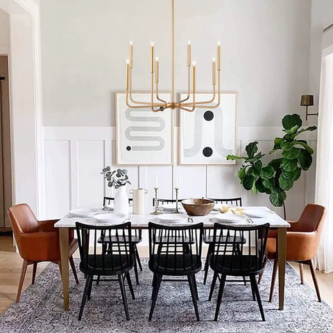 Dining room with gold rustic industrial 8 Lights Farmhouse Chandelier Gold Rustic Industrial Candle Ceiling Light Fixture For Living Room Dining Room Kitchen Island Foyer And Bedroom Cozy Vibe