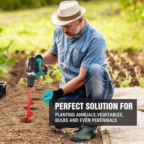 Man using Upgrade 3-Piece Auger Drill Bit Set For Easy Planting in garden bed, wearing gloves and hat, red auger attached to drill.