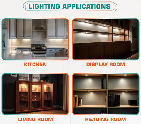 Under Cabinet LED Puck Lights 2 Pack 12V DC Plug In Daylight White lighting applications in kitchen, display room, living room, reading room.
