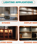 Under Cabinet Lighting Kit Easy Install with Dimmable Wireless RF Remote for Curio Display Case LED Puck Lights shown in rooms