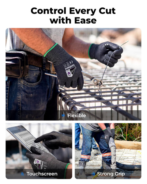 Tough As Nails A6 Cut Resistant Work Gloves Provide Solid ANSI And EN388 Protection For Rough Construction And Metal Fabrication Jobs, showcasing flexible grip and touchscreen use.