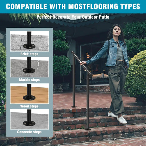 Tight Grip Hand Rails For Outdoor Steps Two Pack Adjustable Stair Railing Kit installed on brick and wood steps for safety.