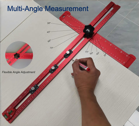 Person using 5-In-1 T Square Ruler 24 Inch Portable Drill Alignment Tool for angle measurement on a workpiece.
