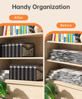 Before and after view of a wooden shelf with organized files in Black Transparent Expanding File Folder 7 Pack With Snap Closure.