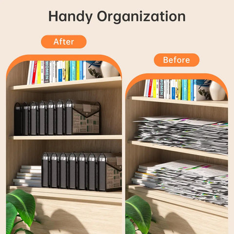 Before and after view of a wooden shelf with organized files in Black Transparent Expanding File Folder 7 Pack With Snap Closure.
