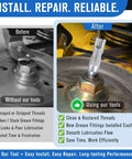 Before and after use of Complete Grease Fitting Replacement Kit With Zerk Tools And SAE And Metric Fittings for maintenance.