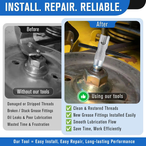 Before and after use of Complete Grease Fitting Replacement Kit With Zerk Tools And SAE And Metric Fittings for maintenance.