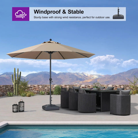 Patio Market Umbrella Base With Casters 154 Lbs Load Capacity Sand And Water Filled next to outdoor dining set