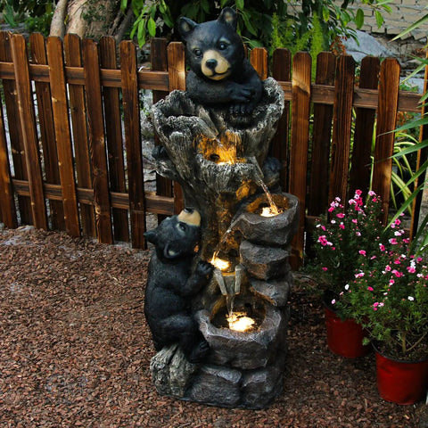 40.16 Inch High Five Tier Outdoor Bear Water Fountain With Two Black Bears Climbing A Tree For Garden Patio Yard Deck Farmhouse Exterior Chill Vibe Relaxation Resin Water Feature