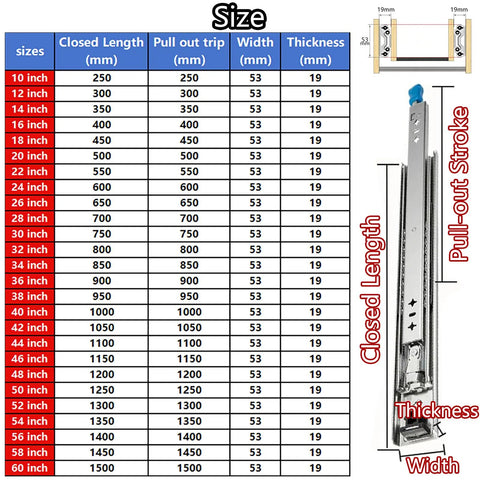 Heavy Duty Full Extension Drawer Slides Secure Locking Side Mount Ball Bearing Guide Tracks For Workshop Cabinets And Toolboxes 44 Inch size chart with measurements.