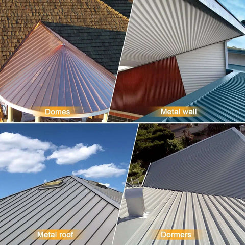 Examples of standing seam metal roofing, domes, metal wall, roof, and dormers showcasing precise edging.
