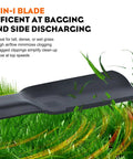2-in-1 lawn mower blade shown in tall grass with text on features and efficiency