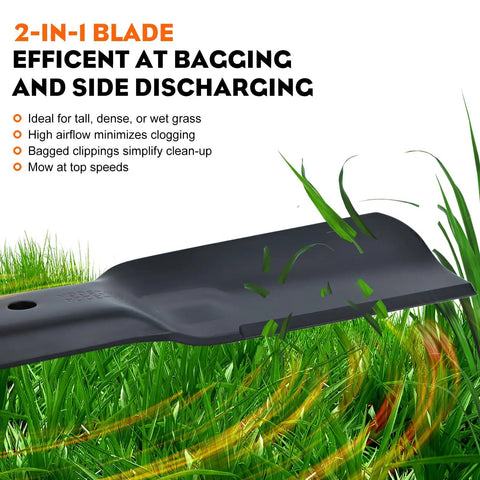 2-in-1 lawn mower blade shown in tall grass with text on features and efficiency