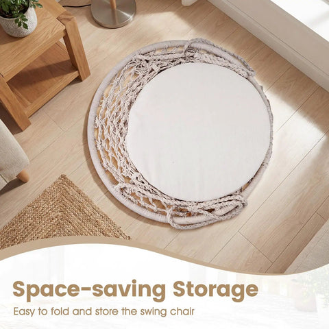 Beige Macrame Swing Chair With Round Seat Cushion, Indoor Outdoor Hanging Hammock Chair; chair folded on floor for storage