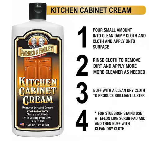 Bottle of Kitchen Cabinet Creme Cleaner And Grease Remover For Wood Surfaces, No Fuss 16 Oz with cleaning instructions visible