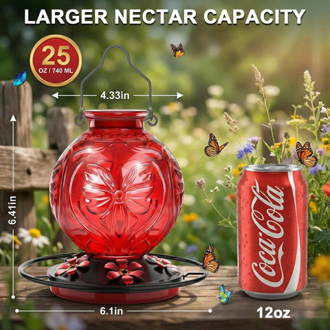 Outdoor Hummingbird Feeder 25 Oz With Perch And Five Flower Ports No Spill Nectar Feeder For Garden Decor next to soda can