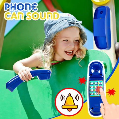 Child playing with Blue Pirate Ship Wheel Toy Telescope And Telephone Playground Accessories Bundle For Outdoor Swing Sets And Playhouses Ideal For Backyard Fun And Epic Imaginative Outdoor Adventures For Kids.
