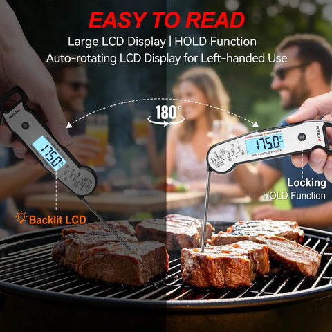 Ultra Fast Meat Thermometer Instant Read Under One Second With Plus Or Minus Half A Degree Fahrenheit, in use on BBQ grill