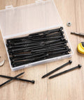 Heavy Hitter Deck Screws 14 X 4 Inch Hex Head Wood Structural Fasteners in a secure jar with tools on a wooden surface.