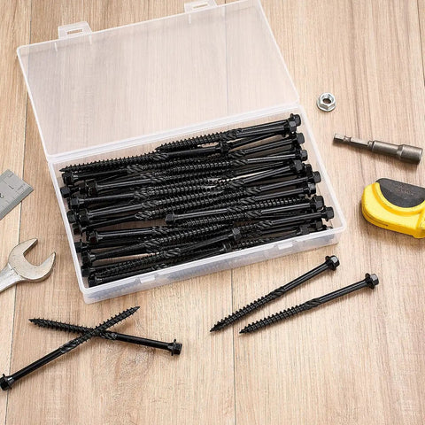 Heavy Hitter Deck Screws 14 X 4 Inch Hex Head Wood Structural Fasteners in a secure jar with tools on a wooden surface.