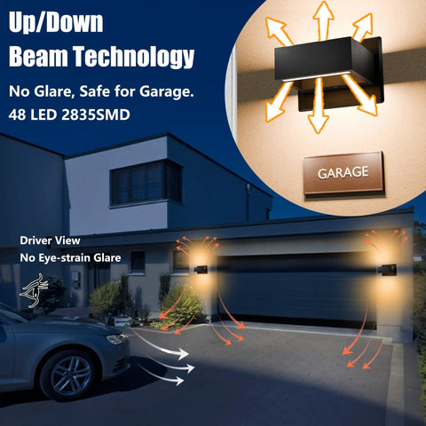 Outdoor Up Down Wall Light Fixture LED Porch Wall Lamp Modern Exterior Waterproof Aluminum Sconce For House Garage Front Door Garden Yard Patio 7.5W 240Lm 3000K illuminating a garage