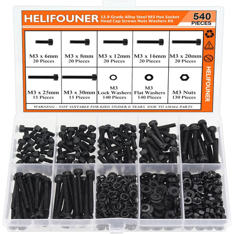 540 Piece M3 Hex Socket Head Cap Screws Kit With Nuts Washers In Black 6mm 8mm 12mm 16mm 20mm 25mm 30mm Beefy Full Threaded
