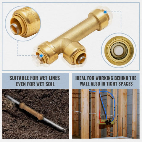 1/2 Inch Slip Tee Push To Connect Plumbing Fittings Pack Of 3 For PEX Copper CPVC PE RT Water Lines With Lead Free Brass