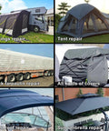 Image showing various uses of 12 Inch Wide Duct Tape Beefy Heavy Duty 9 Mil Industrial Grade Waterproof Tape for repairing awnings, tents, truck tarpaulins, covers, yacht roofs, and sun umbrellas.