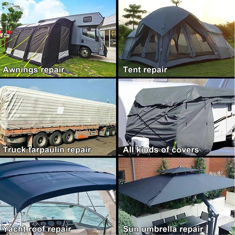 Image showing various uses of 12 Inch Wide Duct Tape Beefy Heavy Duty 9 Mil Industrial Grade Waterproof Tape for repairing awnings, tents, truck tarpaulins, covers, yacht roofs, and sun umbrellas.